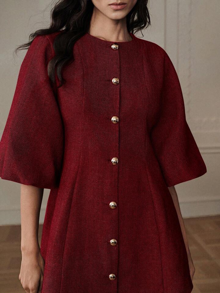 CM-DS217200 Women Elegant Seoul Style Round Neck Lantern Sleeve Single-Breasted Herringbone Knit Dress - Red