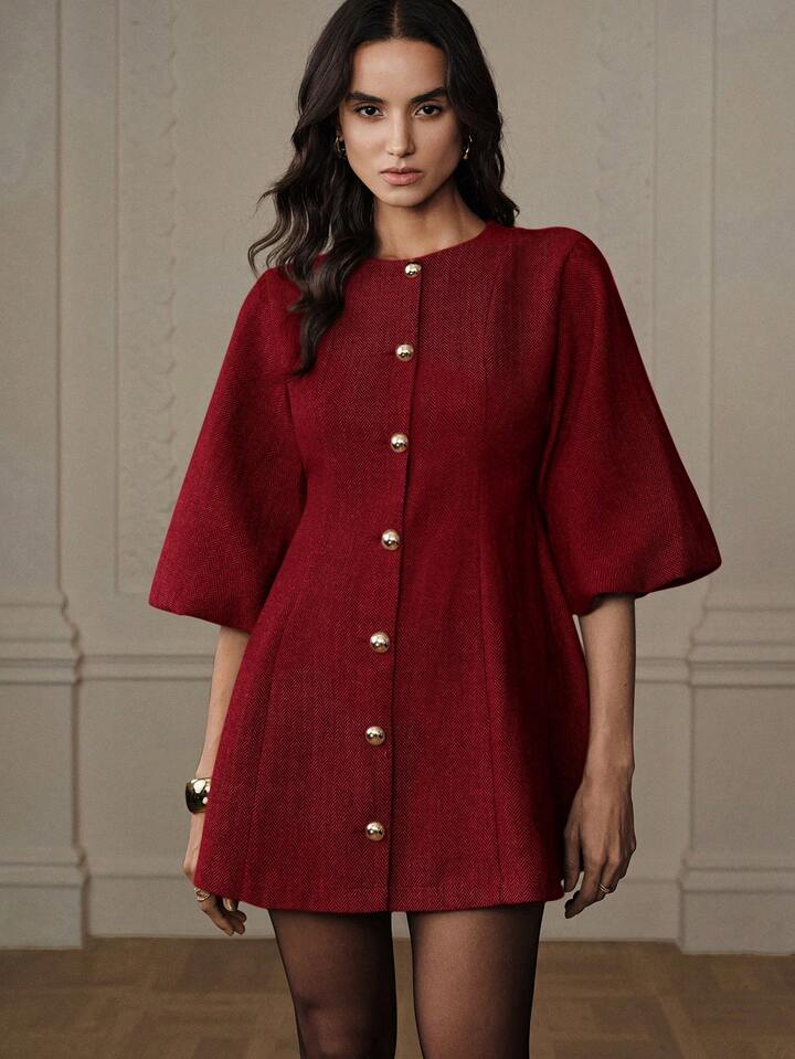 CM-DS217200 Women Elegant Seoul Style Round Neck Lantern Sleeve Single-Breasted Herringbone Knit Dress - Red