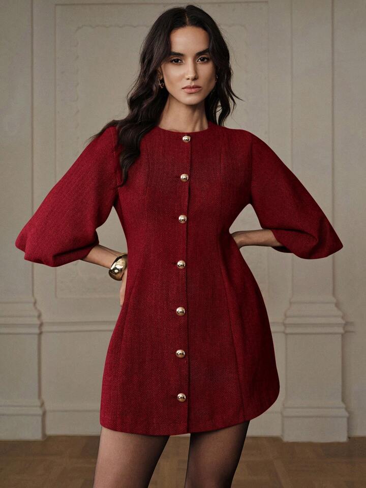 CM-DS217200 Women Elegant Seoul Style Round Neck Lantern Sleeve Single-Breasted Herringbone Knit Dress - Red