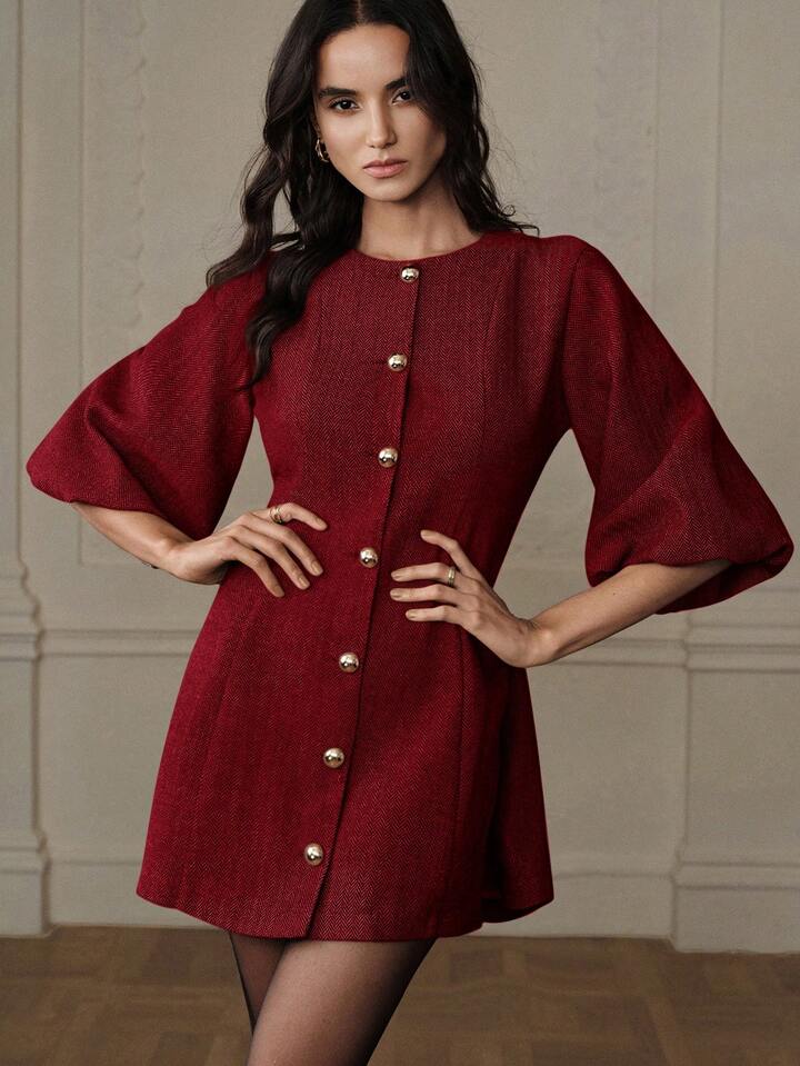 CM-DS217200 Women Elegant Seoul Style Round Neck Lantern Sleeve Single-Breasted Herringbone Knit Dress - Red