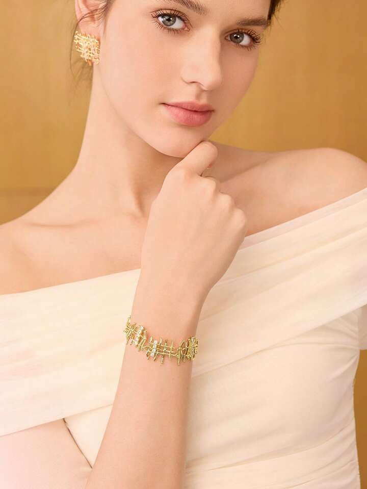 CM-AXS114107 Women Trendy Seoul Style Hollow Braided Chain Bracelet - Gold