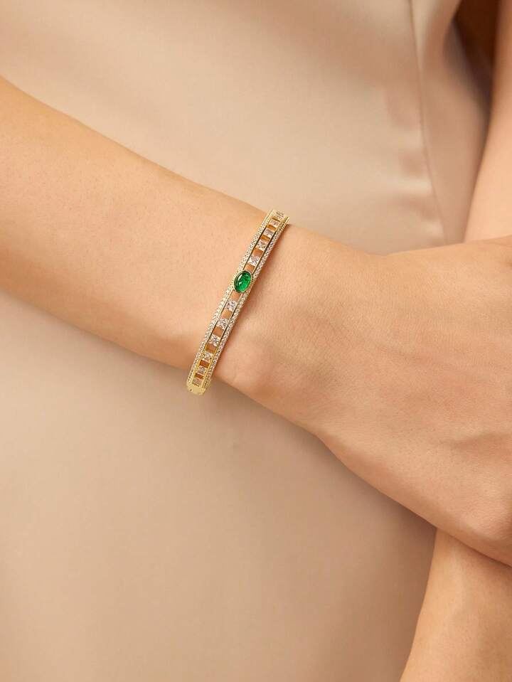 CM-AXS177244 Women Trendy Seoul Style 18K Gold Plated Green Zirconia Bracelet - Yellow Gold