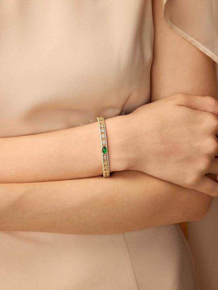 CM-AXS177244 Women Trendy Seoul Style 18K Gold Plated Green Zirconia Bracelet - Yellow Gold