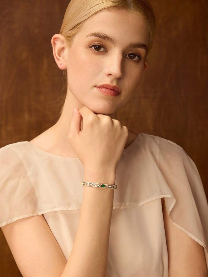 CM-AXS177244 Women Trendy Seoul Style 18K Gold Plated Green Zirconia Bracelet - Yellow Gold
