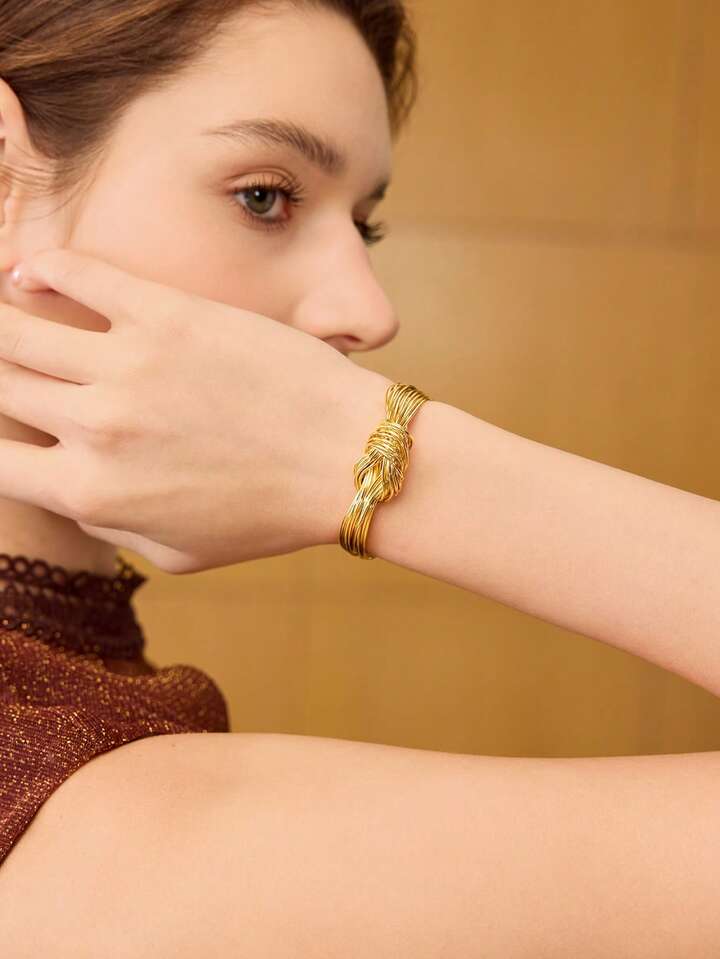 CM-AXS560441 Women Trendy Seoul Style 18K Gold Plated Knotted Bangle - Gold
