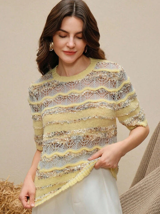 CM-TS923633 Women Elegant Seoul Style Round Neck Short Sleeve Hollow Out Design Knit Blouse - Yellow