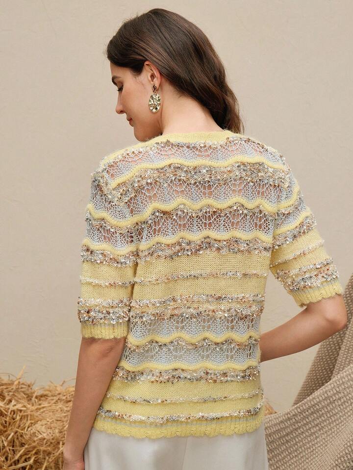 CM-TS923633 Women Elegant Seoul Style Round Neck Short Sleeve Hollow Out Design Knit Blouse - Yellow