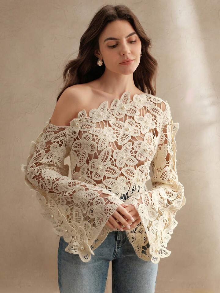 sz25041069879111712CM-TS111712 Women Trendy Bohemian Style Asymmetrical Neck Hollow Out Butterfly Knit Flare Sleeve Blouse - Apricot