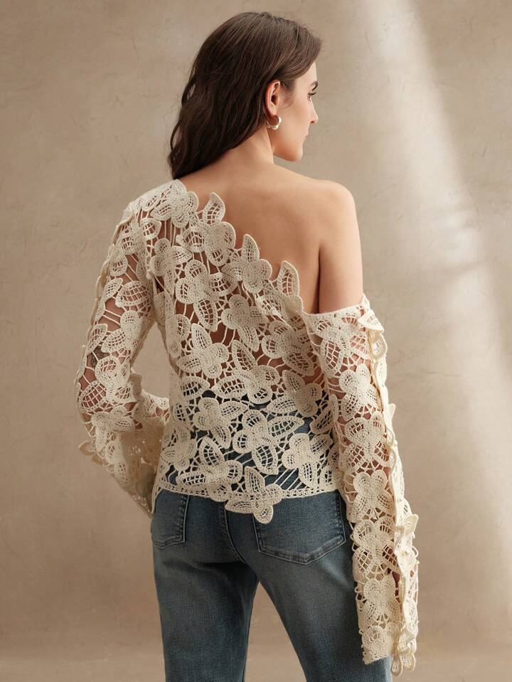 sz25041069879111712CM-TS111712 Women Trendy Bohemian Style Asymmetrical Neck Hollow Out Butterfly Knit Flare Sleeve Blouse - Apricot
