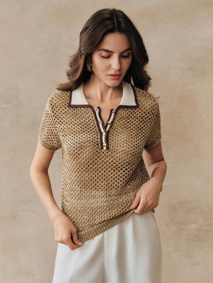 CM-TS732184 Women Elegant Seoul Style Collar Neckline Short Sleeve Contrast Color Hollow Out Knitted Polo Shirt - Gold