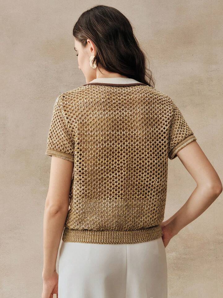 CM-TS732184 Women Elegant Seoul Style Collar Neckline Short Sleeve Contrast Color Hollow Out Knitted Polo Shirt - Gold