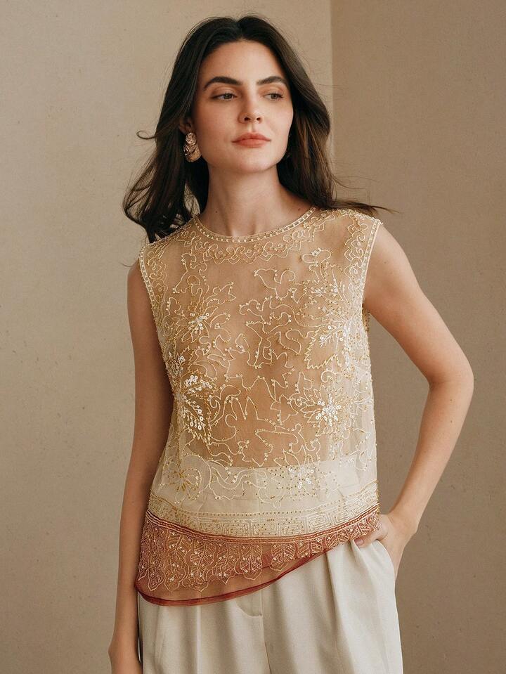 CM-TS283322 Women Elegant Seoul Style Round Neck Sleeveless Beaded Mesh Contrast Color Tank Top