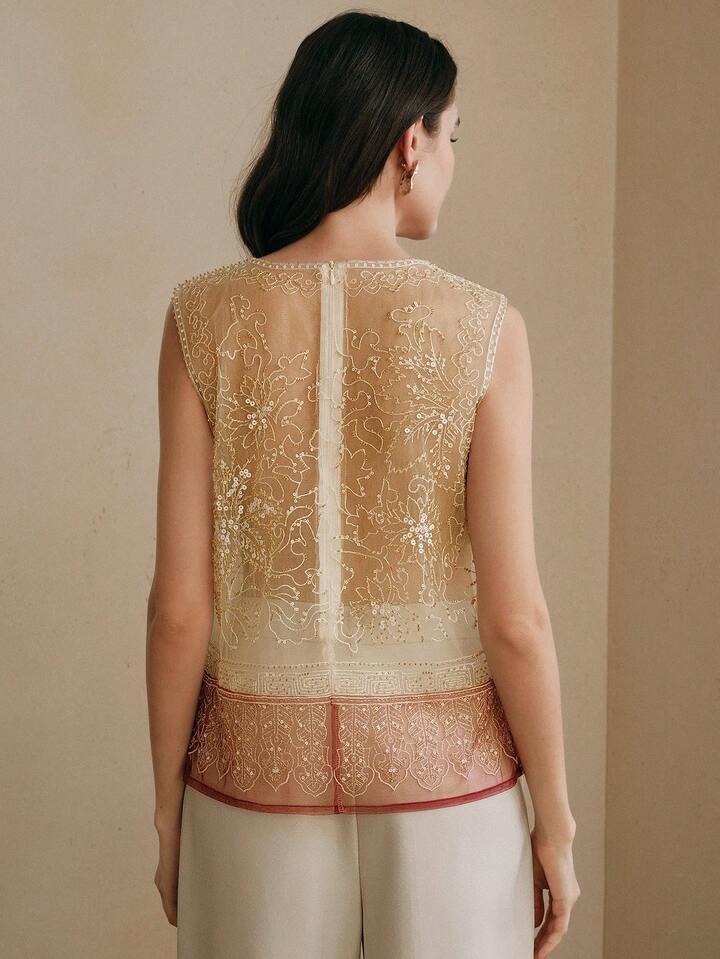 CM-TS283322 Women Elegant Seoul Style Round Neck Sleeveless Beaded Mesh Contrast Color Tank Top