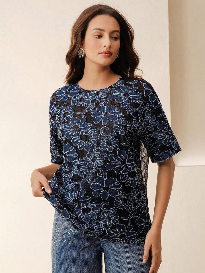 CM-TS276461 Women Elegant Seoul Style Hollow-Out 3D Laser-Cut Lace Butterfly Back Handmade Crew Neck Short Sleeve T-Shirt