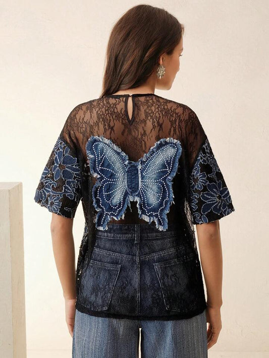 CM-TS276461 Women Elegant Seoul Style Hollow-Out 3D Laser-Cut Lace Butterfly Back Handmade Crew Neck Short Sleeve T-Shirt