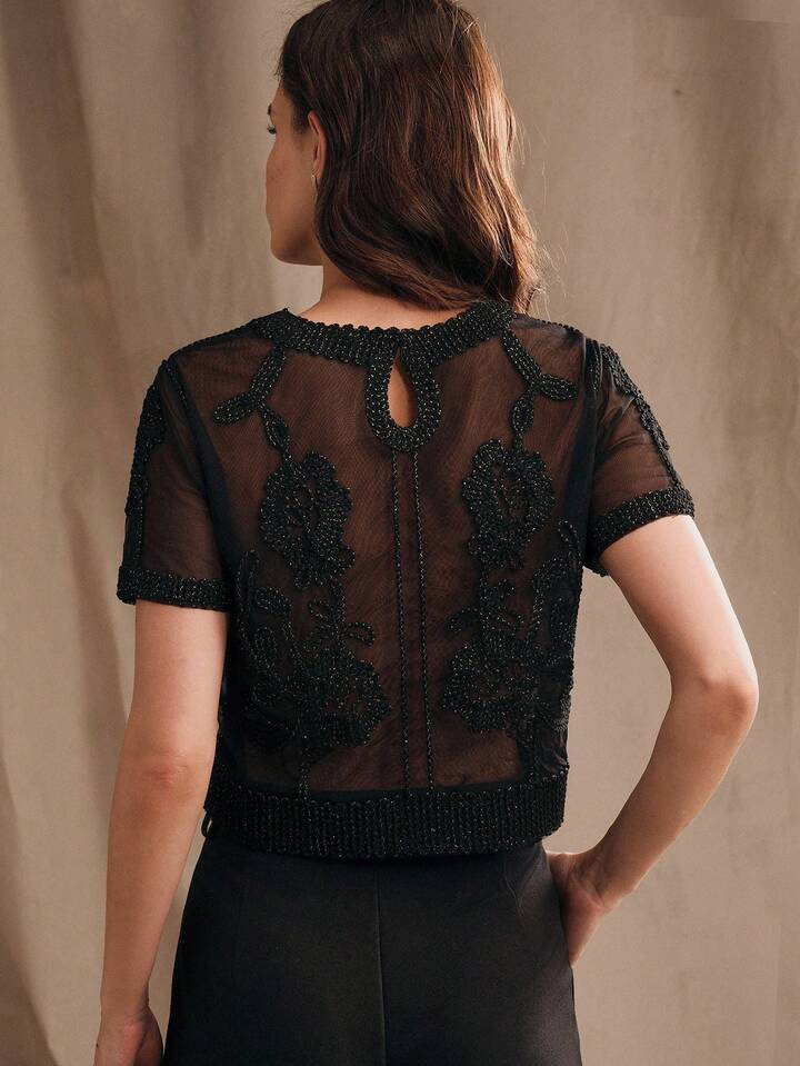 CM-TS619446 Women Elegant Seoul Style Crochet Mesh Embroidery Sheer See-Through Short Sleeve Blouse - Black