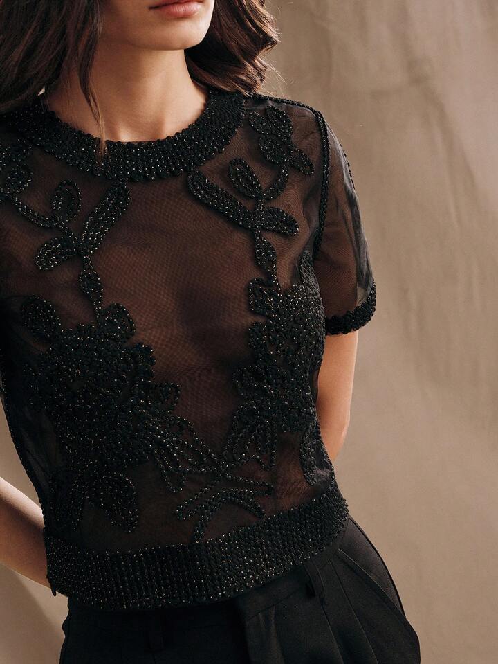 CM-TS619446 Women Elegant Seoul Style Crochet Mesh Embroidery Sheer See-Through Short Sleeve Blouse - Black