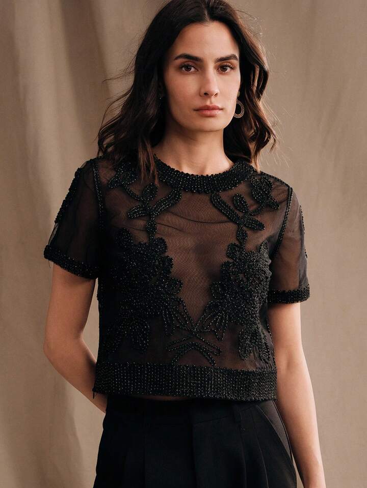 CM-TS619446 Women Elegant Seoul Style Crochet Mesh Embroidery Sheer See-Through Short Sleeve Blouse - Black