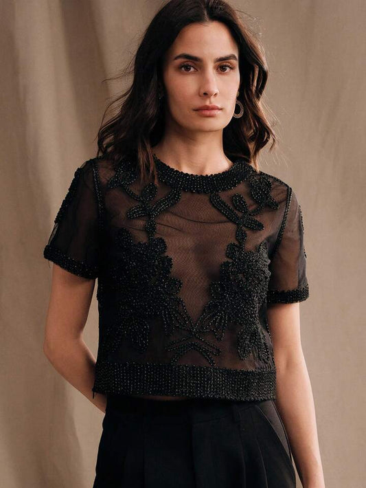 CM-TS619446 Women Elegant Seoul Style Crochet Mesh Embroidery Sheer See-Through Short Sleeve Blouse - Black