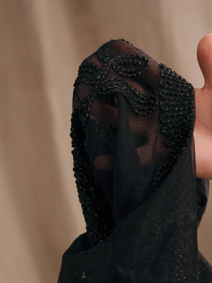 CM-TS619446 Women Elegant Seoul Style Crochet Mesh Embroidery Sheer See-Through Short Sleeve Blouse - Black