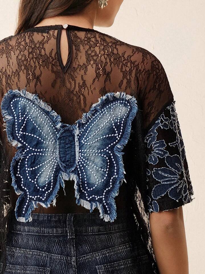 CM-TS276461 Women Elegant Seoul Style Hollow-Out 3D Laser-Cut Lace Butterfly Back Handmade Crew Neck Short Sleeve T-Shirt