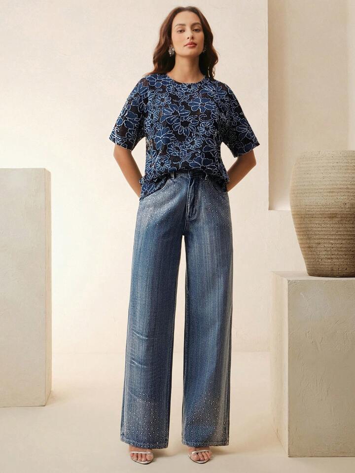 CM-TS276461 Women Elegant Seoul Style Hollow-Out 3D Laser-Cut Lace Butterfly Back Handmade Crew Neck Short Sleeve T-Shirt