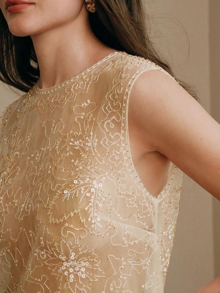 CM-TS283322 Women Elegant Seoul Style Round Neck Sleeveless Beaded Mesh Contrast Color Tank Top