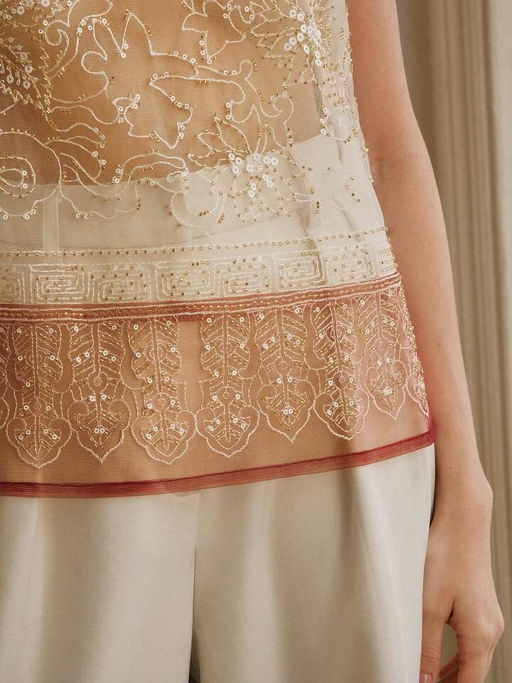 CM-TS283322 Women Elegant Seoul Style Round Neck Sleeveless Beaded Mesh Contrast Color Tank Top