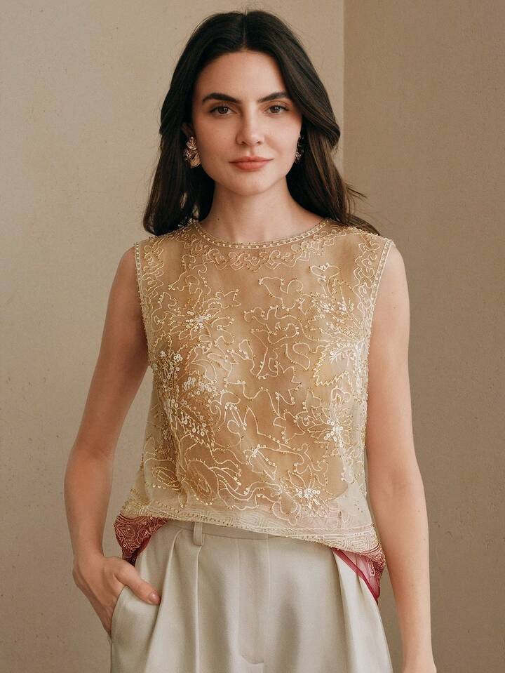 CM-TS283322 Women Elegant Seoul Style Round Neck Sleeveless Beaded Mesh Contrast Color Tank Top