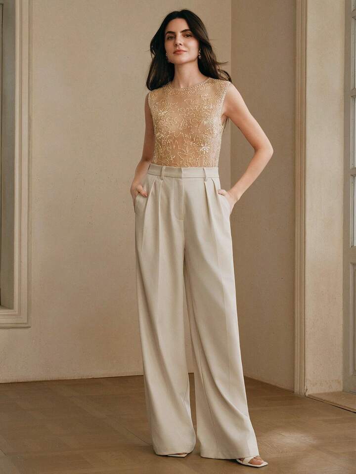 CM-TS283322 Women Elegant Seoul Style Round Neck Sleeveless Beaded Mesh Contrast Color Tank Top