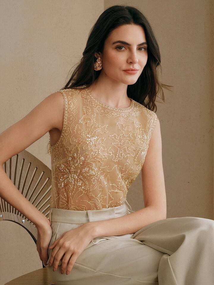 CM-TS283322 Women Elegant Seoul Style Round Neck Sleeveless Beaded Mesh Contrast Color Tank Top