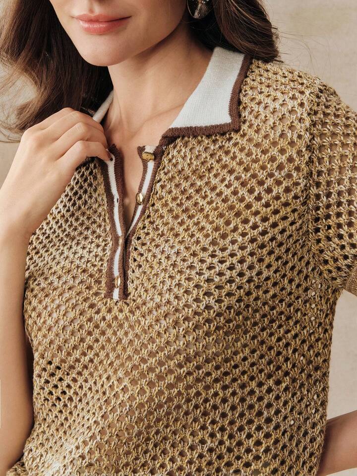 CM-TS732184 Women Elegant Seoul Style Collar Neckline Short Sleeve Contrast Color Hollow Out Knitted Polo Shirt - Gold