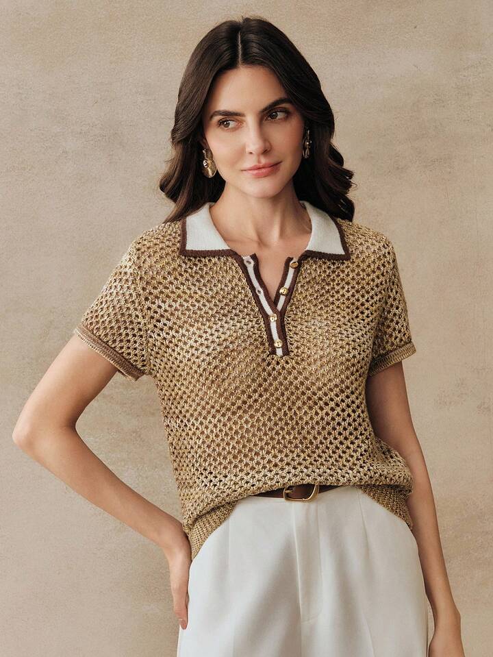 CM-TS732184 Women Elegant Seoul Style Collar Neckline Short Sleeve Contrast Color Hollow Out Knitted Polo Shirt - Gold