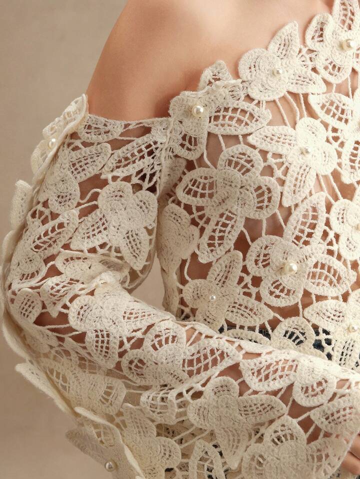 sz25041069879111712CM-TS111712 Women Trendy Bohemian Style Asymmetrical Neck Hollow Out Butterfly Knit Flare Sleeve Blouse - Apricot