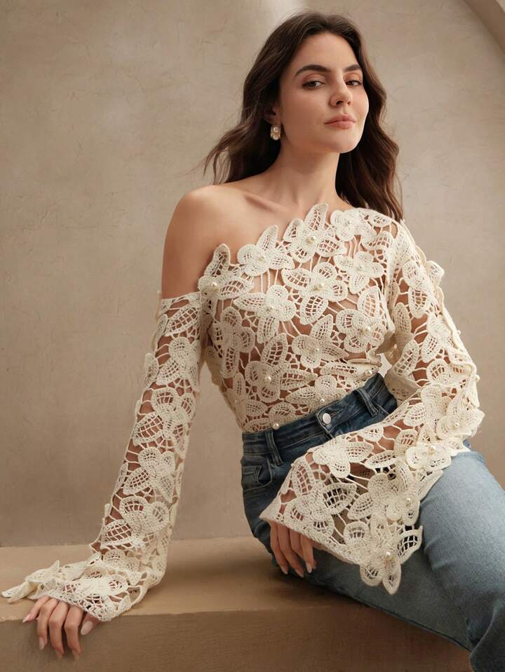 sz25041069879111712CM-TS111712 Women Trendy Bohemian Style Asymmetrical Neck Hollow Out Butterfly Knit Flare Sleeve Blouse - Apricot