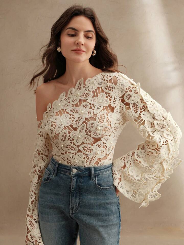 sz25041069879111712CM-TS111712 Women Trendy Bohemian Style Asymmetrical Neck Hollow Out Butterfly Knit Flare Sleeve Blouse - Apricot