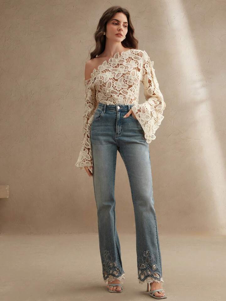 sz25041069879111712CM-TS111712 Women Trendy Bohemian Style Asymmetrical Neck Hollow Out Butterfly Knit Flare Sleeve Blouse - Apricot