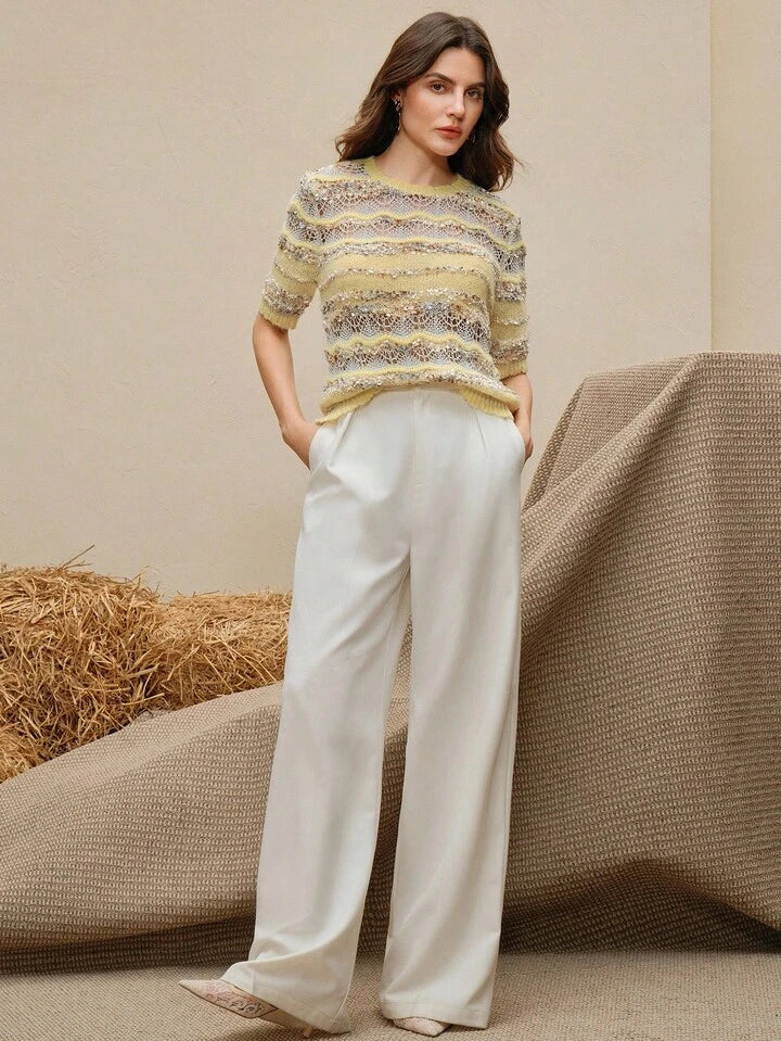 CM-TS923633 Women Elegant Seoul Style Round Neck Short Sleeve Hollow Out Design Knit Blouse - Yellow