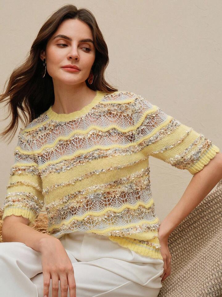 CM-TS923633 Women Elegant Seoul Style Round Neck Short Sleeve Hollow Out Design Knit Blouse - Yellow