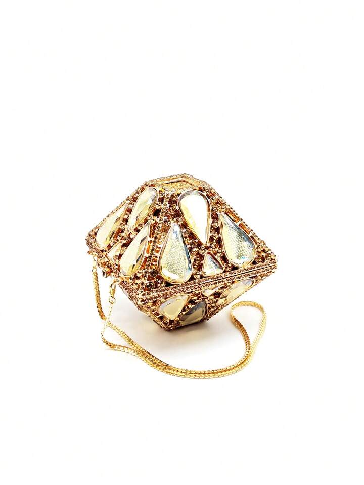 CM-BGS001010 Women Trendy Seoul Style Glitter Metal Box Crystal Clutch Purse - Gold