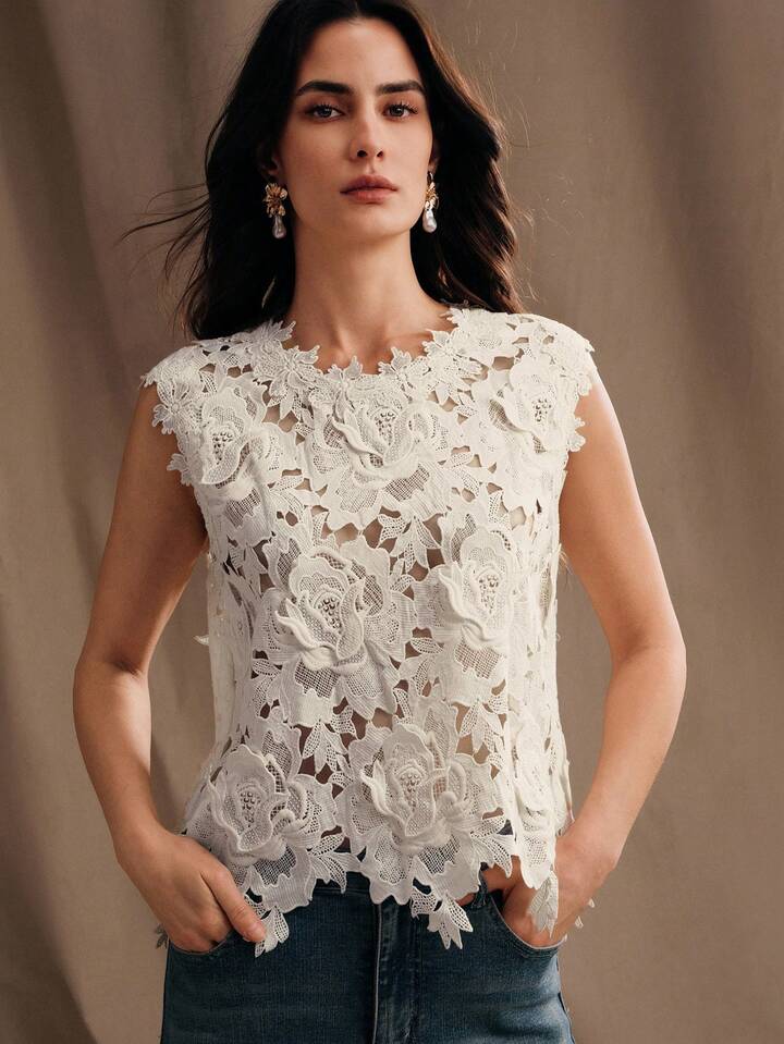 CM-TS228274 Women Elegant Seoul Style Round Neck Sleeveless Lace Embroidered Blouse - Apricot