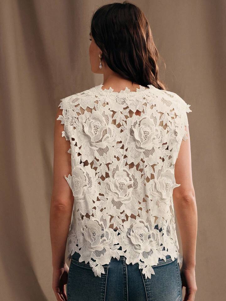 CM-TS228274 Women Elegant Seoul Style Round Neck Sleeveless Lace Embroidered Blouse - Apricot