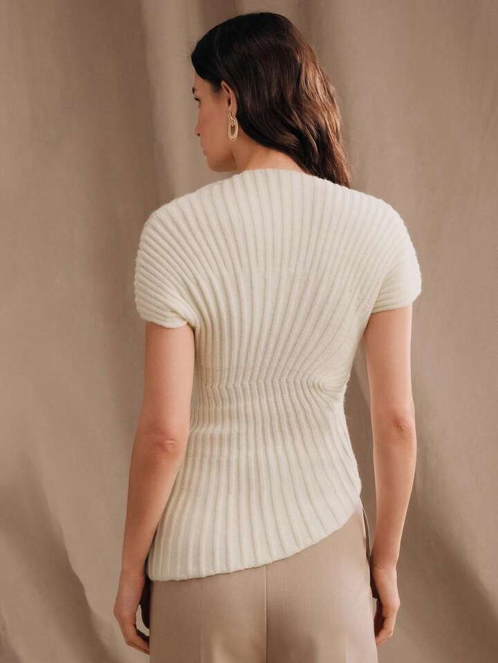 CM-TS033149 Women Elegant Seoul Style Stand Collar Short Sleeve Minimalist Knit Top - Apricot