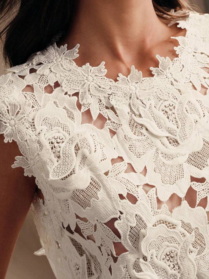 CM-TS228274 Women Elegant Seoul Style Round Neck Sleeveless Lace Embroidered Blouse - Apricot