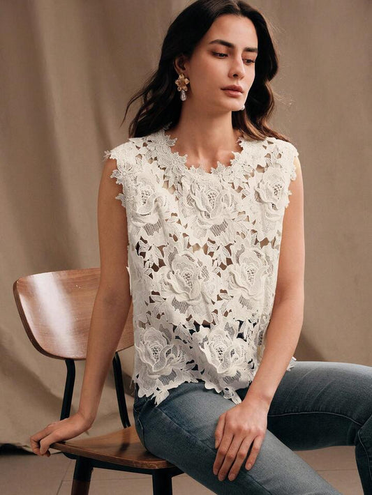 CM-TS228274 Women Elegant Seoul Style Round Neck Sleeveless Lace Embroidered Blouse - Apricot