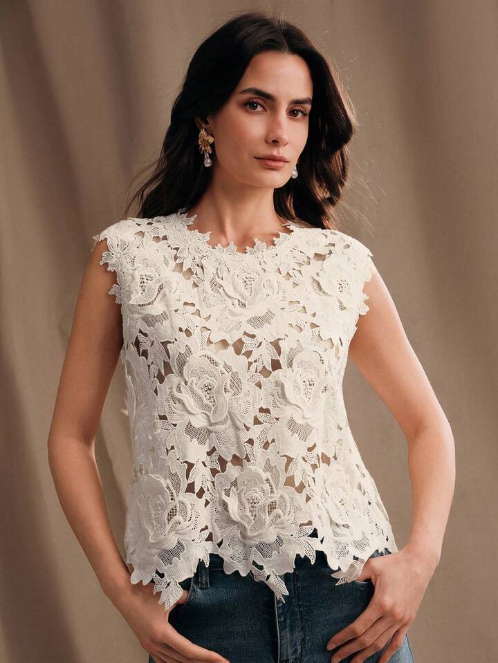 CM-TS228274 Women Elegant Seoul Style Round Neck Sleeveless Lace Embroidered Blouse - Apricot