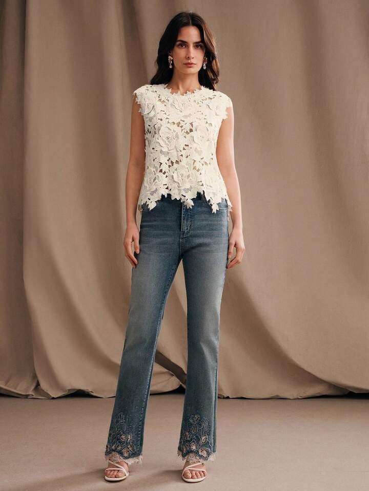 CM-TS228274 Women Elegant Seoul Style Round Neck Sleeveless Lace Embroidered Blouse - Apricot