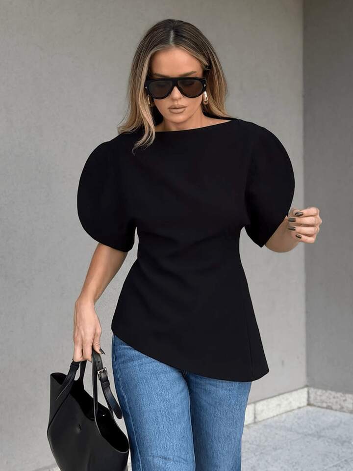 CM-TS995823 Women Elegant Seoul Style Round Neck Puff Sleeve Cinched Waist Top - Black
