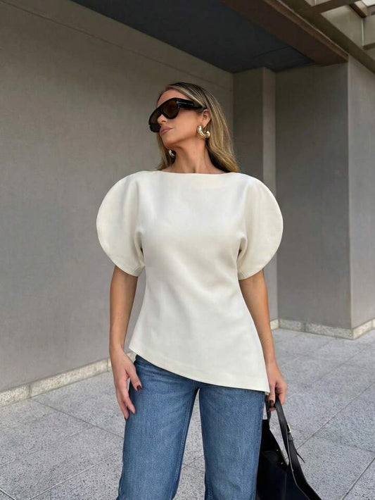 CM-TS932594 Women Elegant Seoul Style Round Neck Puff Sleeve Cinched Waist Top - White