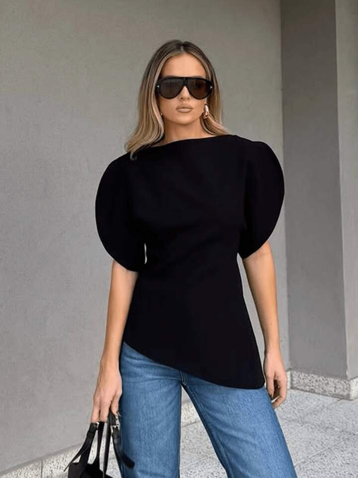 CM-TS995823 Women Elegant Seoul Style Round Neck Puff Sleeve Cinched Waist Top - Black